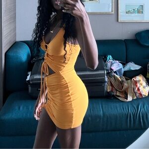 Fashion Nova Mustard Yellow Ruched Bodycon Dress
